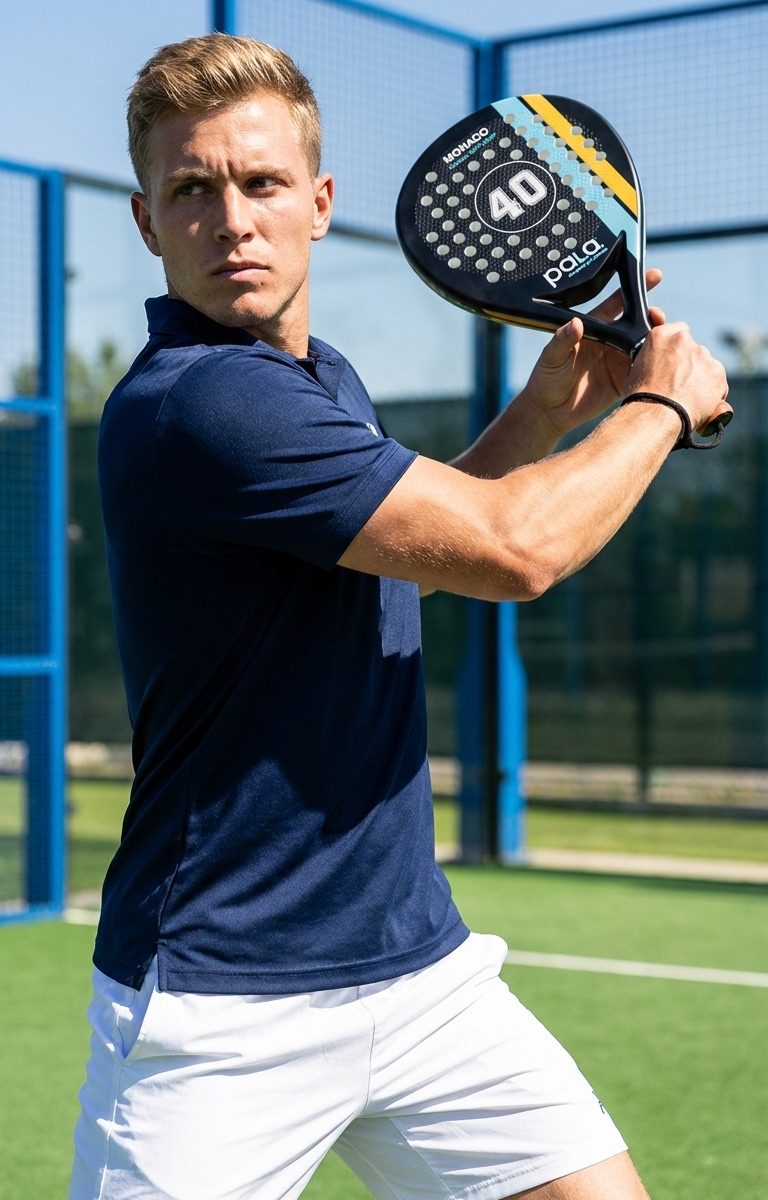 man playing in a padel court with the brand p.ala and black monaco padel racket
